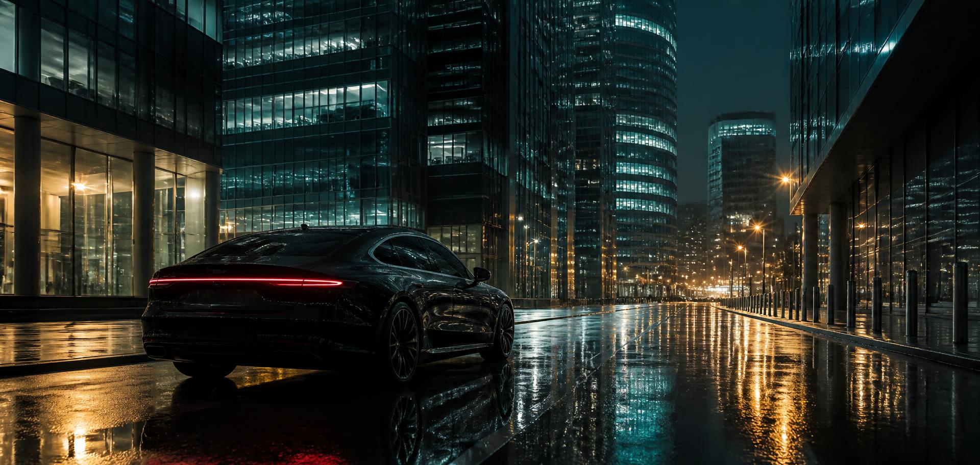Auto scura su strada bagnata in un moderno distretto direzionale di notte